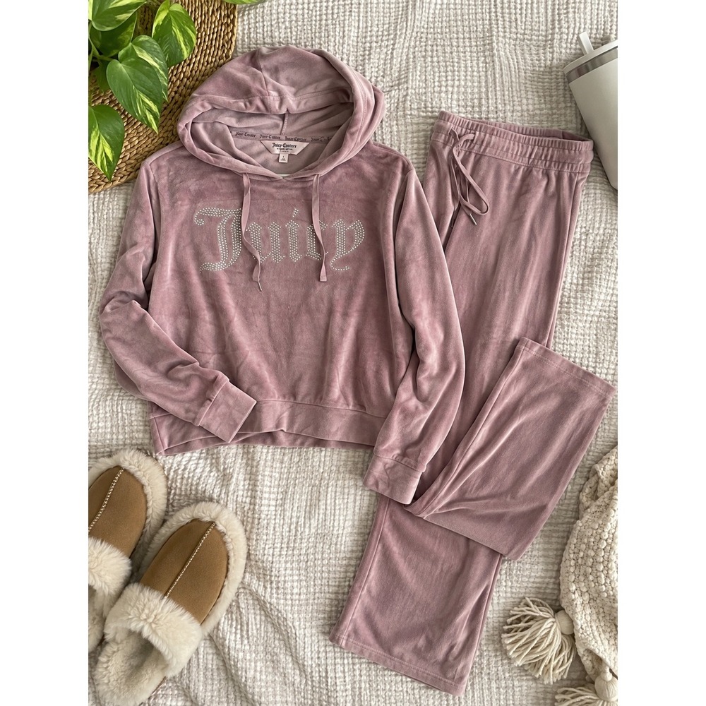 Juicy Couture Womens Velour Rhinestone Hoodie and Pants Set Mauve Pink Large